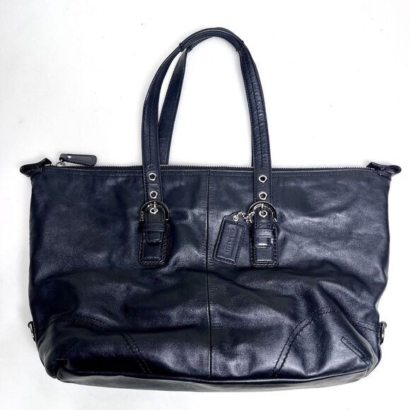 Coach Black Leather Purse Large Shoulder Bag Satchel Teal Interior Tote - Picture 1 of 16